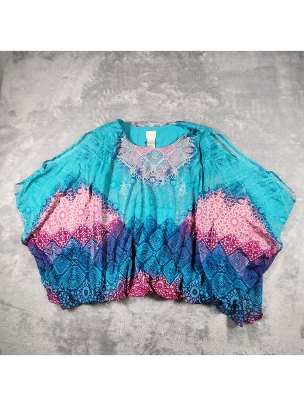 Chicos Split Sleeve Blouson Top 3 Elastic Waist Fairy Boho Airy Flowy Coastal